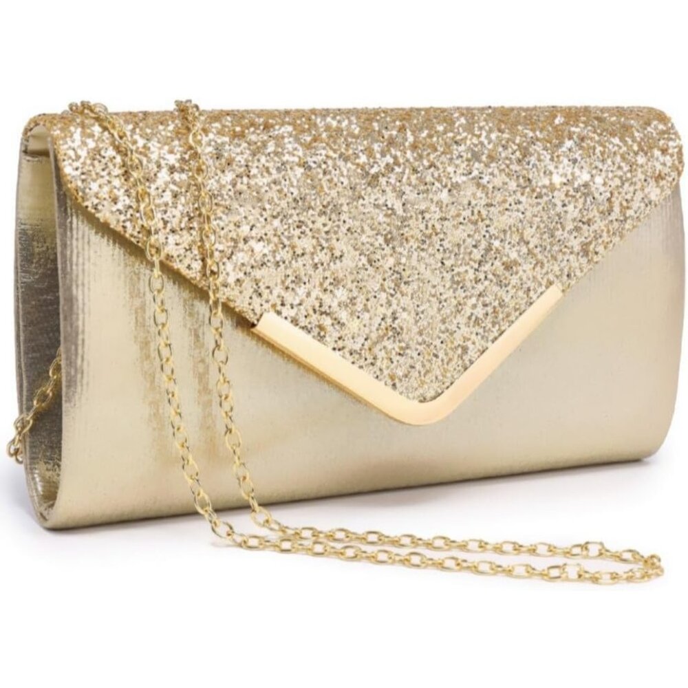 Elegant Gold Sequin Clutch with Chain